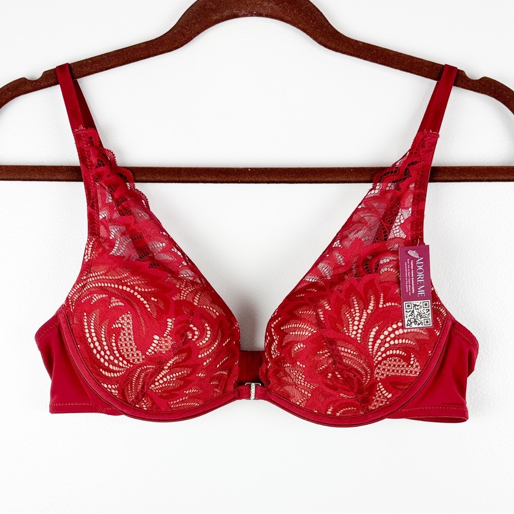 NWT Adored by Adore Me Layla Plunge Push Up Underwire Lace Bra Red/Black Sz 36B